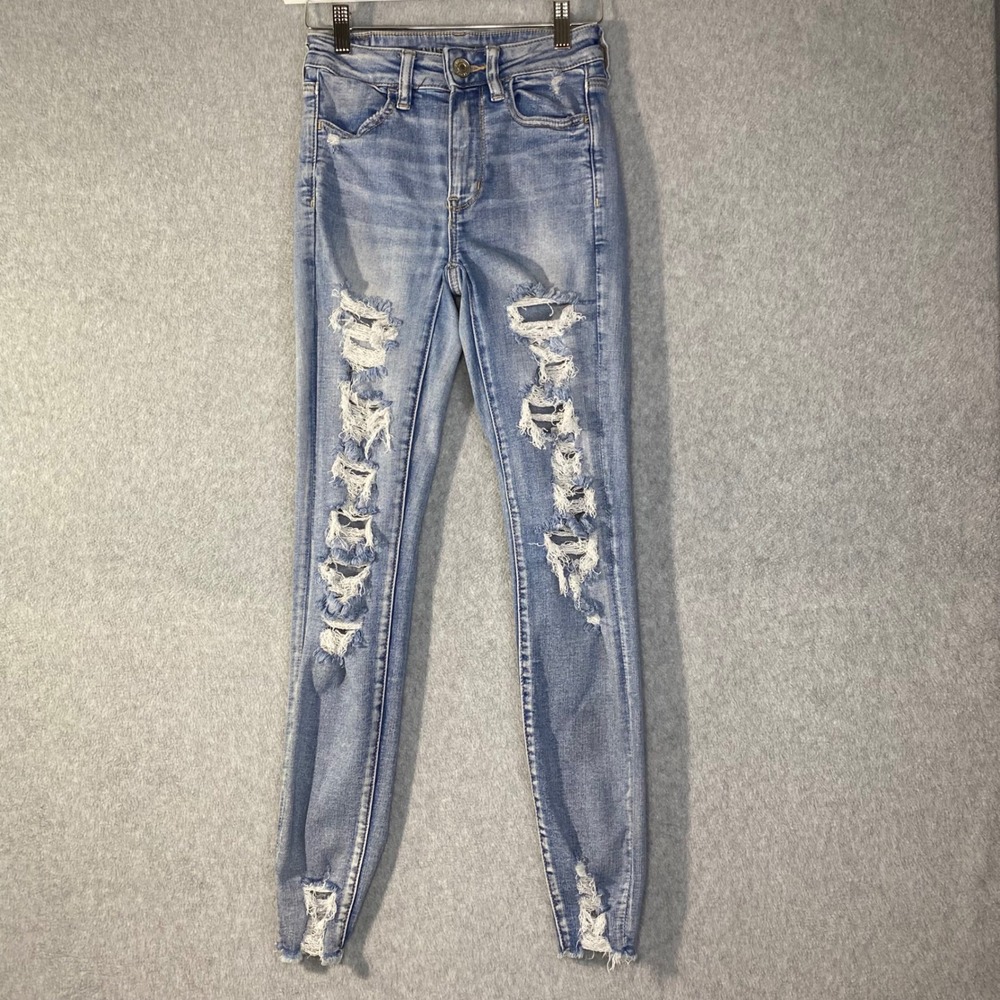 American Eagle Skinny Jeans Womens Sz 2 Light Wash Ripped Distressed EUC Stretch